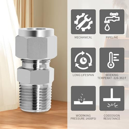 ChillWaves 304 Stainless Steel Compression Tube Fitting, 1/2" OD x 3/8" NPT Male Compression Union Connector(5-PACK) - size: 1/2" OD x 3/8" MNPT