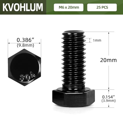 25 PCS M6 x 20mm Hex Head Screw Bolt, Stainless Hex Bolts, Full Thread, 18-8 Stainless Steel (304), Black Coating - size: M6 x 20mm