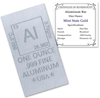 1 oz Aluminum Bar (Flat Style) .999 Pure Paperweight - color: Aluminum