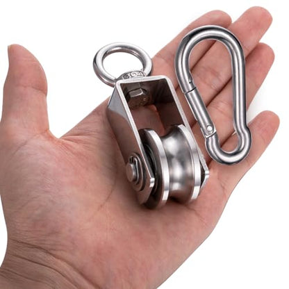 Cable Pulley Block Heavy Duty Stainless Steel, Bearing Inside with 32ft Nylon Rope and 2 Hooks,Swivel Single Pulley Wheel,Good for Pulley Lifing System,Loading 551lb