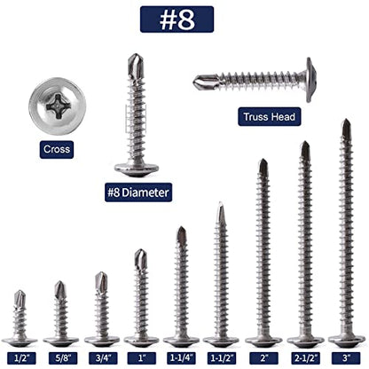 #8 x 2" Sheet Metal Screws 100PCS 410 Stainless Steel Truss Head Fast Self Tapping Screws by SG TZH - color: Silver, size: #8 x 2"