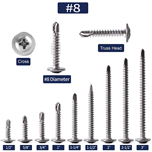 #8 x 5/8" Sheet Metal Screws 500PCS 410 Stainless Steel Truss Head Fast Self Tapping Screws by SG TZH - color: Silver, size: #8 x 5/8"