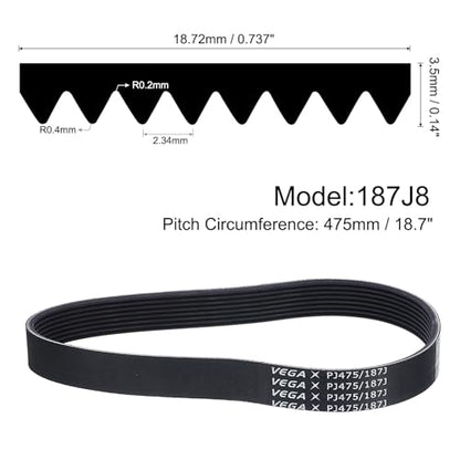 uxcell 187J8 PJ V-Ribbed Belt 8 Ribs 18.7" L x 0.74" W x 0.14" H, EPDM - size: 187J8