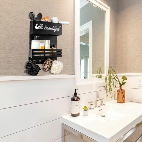 2Tier Black Wooden Hair Dryer Holder Wall-Mounted Organizer - color: black