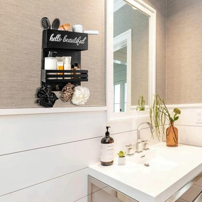 2Tier Black Wooden Hair Dryer Holder Wall-Mounted Organizer - color: black