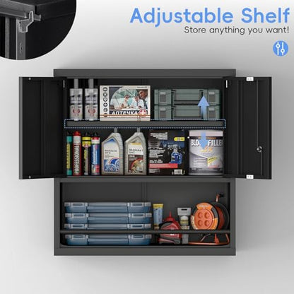 Metal Garage Storage Cabinets, Lockable Black Cabinet, Tool Cabinets Storage Wall Mounted, Hanging Cabinet with Guard Bar for Home Office, Basement - color: 30.7"h - Black