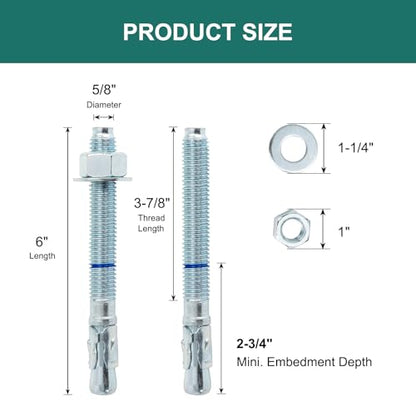 5/8" x 6" Concrete Anchors (25 Pack) 5/8 inch Wedge Anchors Bolts Zinc Plated - size: 5/8"x6"