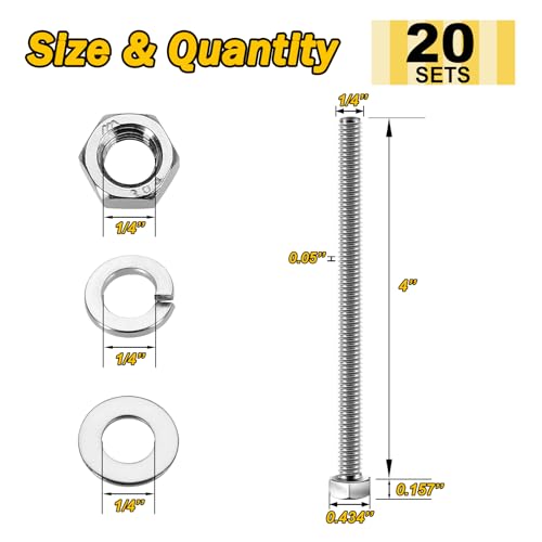 Mywish (20 Sets) 1/4-20x4 Hex Head Assorted Screws Nuts and Bolts with Flat & Lock Washers, 304 Stainless Steel 18-8, Fully Threaded, 1/4 Bolt Metric Bolt Assortment - size: 1/4-20 x 4 (20 set)