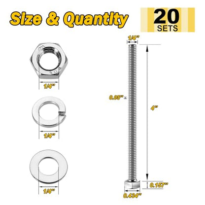 Mywish (20 Sets) 1/4-20x4 Hex Head Assorted Screws Nuts and Bolts with Flat & Lock Washers, 304 Stainless Steel 18-8, Fully Threaded, 1/4 Bolt Metric Bolt Assortment - size: 1/4-20 x 4 (20 set)