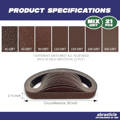 21 Pcs 1-1/2 x 30 Inch Assorted Aluminum Oxide Sanding Belt - 40/60/80/120/150/240/400 Grit - size: 1-1/2x30(21pcs)
