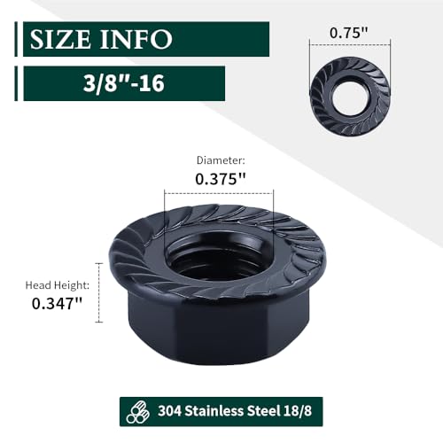 3/8"-16 Hex Head Serrated Flange Nuts, 304 Stainless Steel 18-8 Hexagon Head Flange Nuts for Home Automotive DIYer, Black Oxide Finish, Hex Drive, 50 PCS - size: 3/8"-16