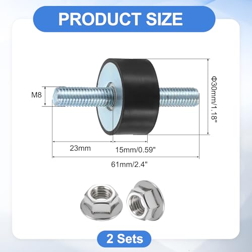 uxcell 2Pcs M8 x 23mm Rubber Mounts, 15 x 30mm Cylindrical Anti Vibration Isolator Studs Shock Absorber Double Studs with Nuts for Car Bobbin Generator Air Compressors - size: M8 x 23mm, 15 x 30mm