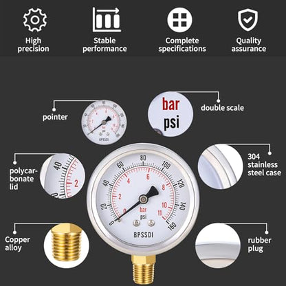 0-160 Psi Pressure Gauge, 2.5" Dial Size, 1/4" NPT Lower Mount, 304 Stainless Steel Case, Water Pressure Gauge Test for Water Pump, Pneumatic Air, RV Hose, Tank, Well Pump(with Tape) - size: 0-160 psi, style: Lower Mount
