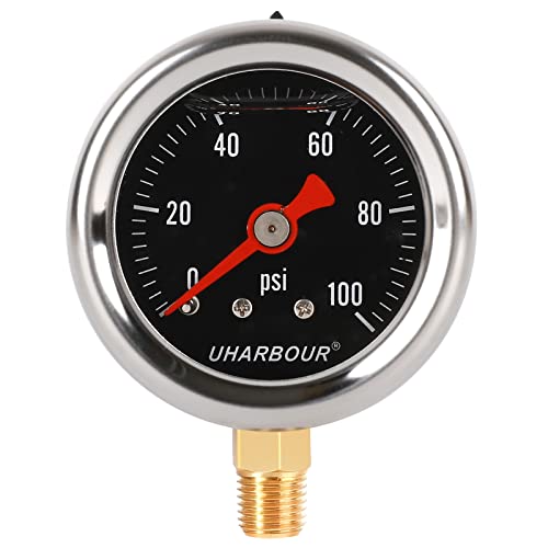 UHARBOUR Glycerin Pressure Gauge 0-100Psi, 1-1/2" Black Dial - size: 0-100PSI, style: Lower Mount（black dial）