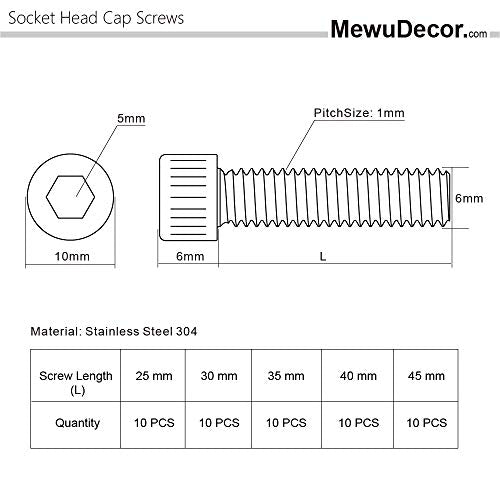 50 PCS Socket Head Cap Screw Assortment Set, M6 x 25mm, 30mm, 35mm, 40mm and 45mm, 18-8 Stainless Steel 304, Bright Finish - size: Assortment 25mm to 45mm