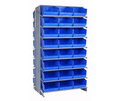 Quantum QPRD-209BL Double-Sided Display Sloped Pick Rack for Warehouse Retail Store | 800 lbs Capacity | (48) QSB207 Blue Bins; (16) Shelves Configuration | 24"L x 36"W x 63.5"H, Gray, Carbon Steel - size: 64" H x 36" W x 24" D, style: 12" L x 12" W x 6"