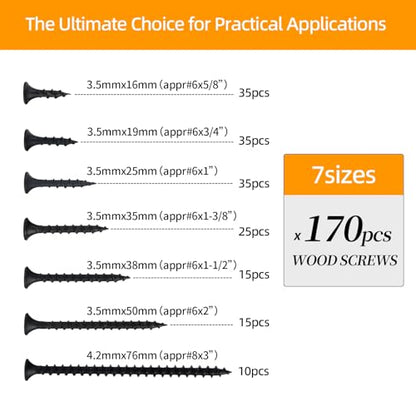 170-Piece Screw Assortment Kit, Multi-Size Phillips Flat Head Black Wood Screws for Home Repair and Furniture Assembly - size: Multi-Size