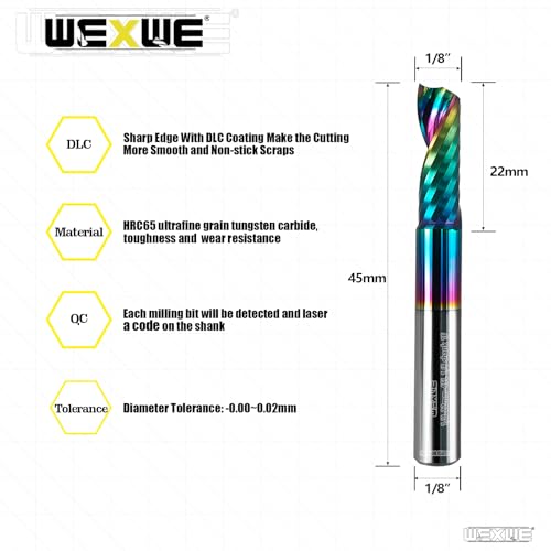 Tools Solid Carbide CNC Spiral Single Flute End Mill- for Acrylic Plate Aluminum,Wood,Plastic,Brass,Copper Cutting - 1/8 Diameter 22mm Flute Length,45mm Overall Length,1 Flute (1/8-45mm 2PCS) - size: 1/8-22mm-45L 2PCS