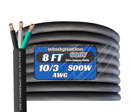 WindyNation 8 Feet 10/3 10 AWG SOOW SO Cable Cord Wire - 10 Gauge 3 Conductor 600V Portable Power Extension Cord Cable for EV Chargers, Motor Leads, Portable Lights, and Battery Chargers - size: 8 Feet