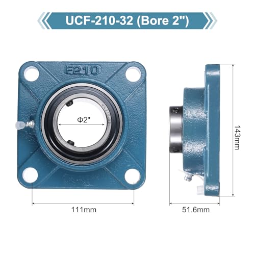 uxcell 2 Pcs UCF-210-32 Pillow Block Bearings 2 Inch Bore Self Alignment Chrome Steel Bearing Units, 4-Bolt Square Flange Mounted, Solid Base - size: UCF-210-32
