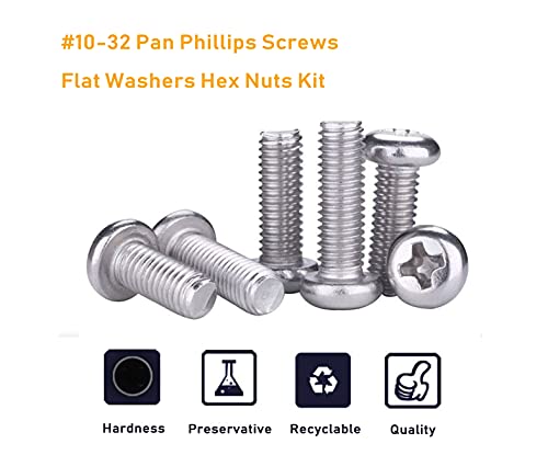 110pcs 10-32 Pan Phillips Screws Hex Nuts Flat Washers Assortment Kit, 1/4" 5/16" "3/8" "5/8" 1", 304 Stainless Steel