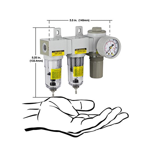 PneumaticPlus SAU2030M-N02G Mini Three Stage Air Drying System, 1/4" NPT - Particulate Air Filter, Coalescing Filter, Air Pressure Regulator Combo - Poly Bowl, Manual Drain