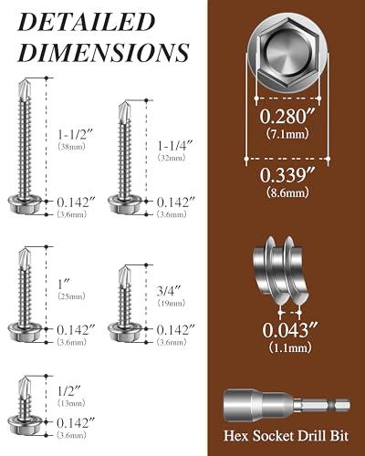 110PCS #8 Self Drilling Screws Assortment Kit, 5 Common Size Self Tapping Screws for Metal, 410 Stainless Steel Hex Washer Head Sheet Metal Screw, Bright Finish - color: Silver, size: #8 x Assorted Sizes