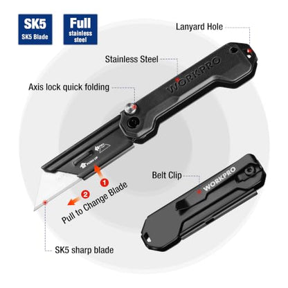 WORKPRO 2PCS EDC Folding Utility Knife, Mini Box Cutter with Quick Open Axis Lock, Quick Change Blade Razor Knife, Foldable Small Pocket Knife with Belt Clip, 2 Packs with 10 Extra Blades - color: Black-g10