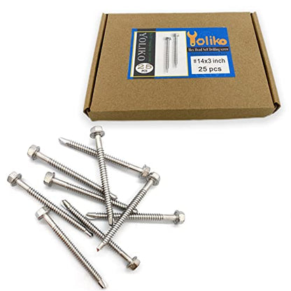 #14 x 3 (1" to 3" Available) Hex Washer Head Self Drilling Screws, 410 Stainless Steel, Self Tapping Sheet Metal Tek Screws, 25 PCS - size: 25 Pcs #14 x 3"