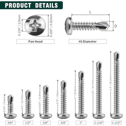 #6 x 5/8" Pan Head Self Drilling Screws, Phillips Drive, 410 Stainless Steel Sheet Metal Screws,Self Tapping, Dovetail, Pack of 100 - size: #6 x 5/8"