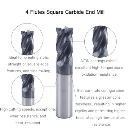 3/4" 4-Flute Square End Mill AlTiN Coated Carbide, 2Pcs - size: 3/4 in