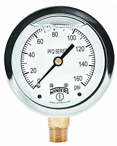 Winters 2-1/2" Dial Size, Liquid Filled Industrial Pressure Gauge, Brass Internals, 304 Stainless Steel Case, Single Scale 0-160 psi, 1.5% Acc, 1/4" NPT Bottom Mount, Glycerin Filled Pressure Gauge - style: 0/160 PSI