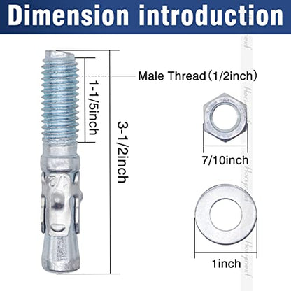 1/2 Concrete Anchors, 1/2 Wedge Anchors Bolts, 3-1/2" L, 10 Pcs - size: 1/2" x 3-1/2"