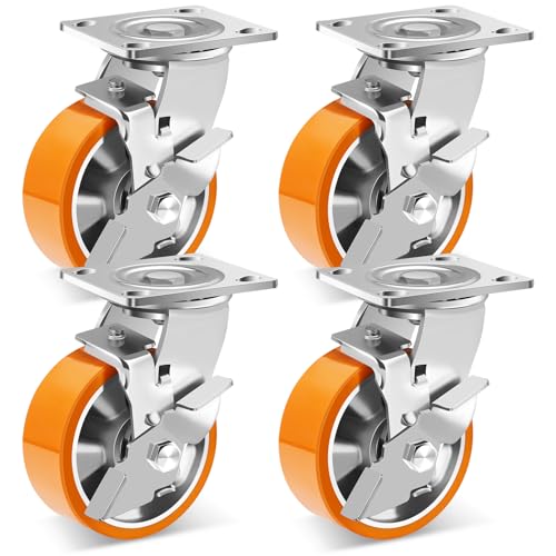 W B D WEIBIDA 5 Inch Heavy Duty Casters Set of 4, Industrial Grade Casters Wheels with Brake 4000 LBS, Maintenance-Free Polyurethane on Aluminum Wheels, Plate Swivel Casters Wheels for Cart, Machine - size: 5 IN