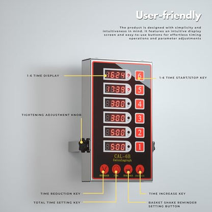 Commercial Kitchen Timer with 6 Channels, Professional LED Digital Timer for Cooking, Loud Alarm Volume +/-, Heavy Duty Stainless Steel Large Timers with Waterproof Panel & Memory Function