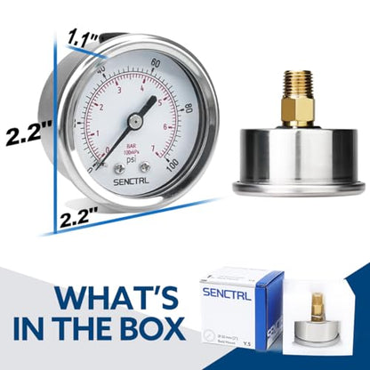 SENCTRL 0-100 Psi Pressure Gauge, 1/4" NPT Back Mount - size: 0-100Psi, style: Back Mount