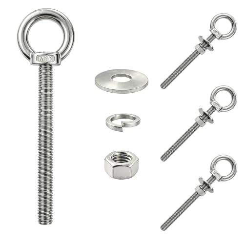 4 Pack M10 Stainless Steel Eye Bolts with Nuts, 3/8"x6" Long Lifting Ring Eye Bolt,Eye Bolts Heavy Duty for Hang Tie Down Outdoor (4, M10x153mm (3/8"x6")) - size: M10x153mm (3/8"x6")