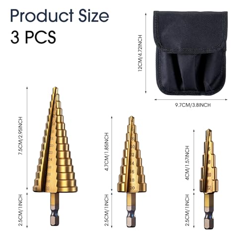 Step Drill Bit Set, 3 Pieces Titanium Coated High Speed Steel Unibit Cone Drill Bit Kit for Plastic, Wood, Metal Sheet, Aluminum Hole Drilling HSS Stepped Driil Bit (Metric 4-12mm/4-20mm/4-32mm) - size: 4 - 32 mm