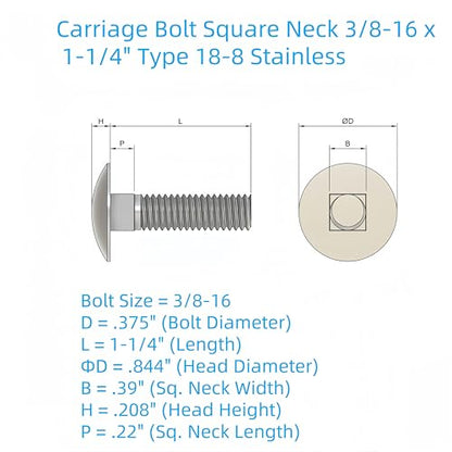 SANTIE 3/8"-16 x 1-1/4" Stainless Steel Carriage Bolts 25 Pieces - size: 3/8"-16 X 1-1/4"(25pc)