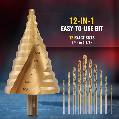 ZELCAN Large HSS Spiral Groove Step Drill Bit, 12 Sizes Titanium High Speed Steel 1/4" to 2-3/8" Drill Bit for Sheet Aluminium Metal Wood Hole Drilling, Big Multiple Hole Stepped Up Bit for DIY Lovers