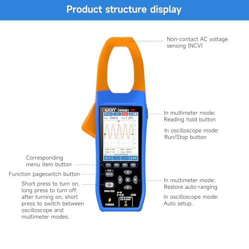 OWON CMS061 3-in-1 Bluetooth Clamp Meter – 600A AC/DC True RMS, Oscilloscope & Data Logger, 20,000 Counts, Inrush Current, NCV, IPS LCD, Rechargeable Battery - style: Yel061