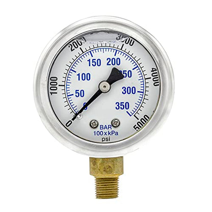 Liquid Filled Lower Mount Pressure Gauge with 2" Dial, 0-5000 PSI, 1/8" Male NPT Connection, Stainless Steel CASE and Bezel (1)