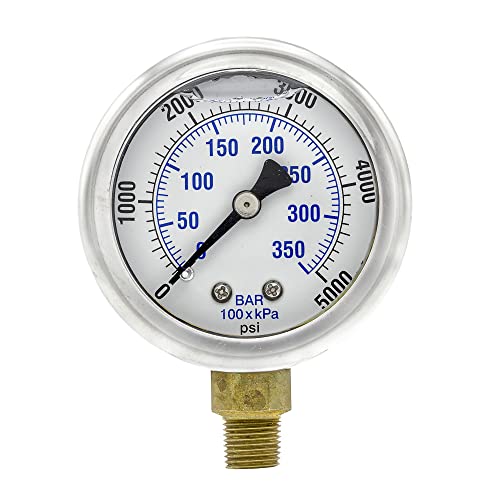 Liquid Filled Lower Mount Pressure Gauge with 2" Dial, 0-5000 PSI, 1/8" Male NPT Connection, Stainless Steel CASE and Bezel (1)