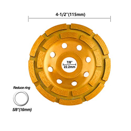 Gunpla 4-1/2 Inch Diamond Cup Grinding Wheel (7/8 Inch Arbor with Reduce Ring 5/8 Inch), Double-Row Diamond Grinding Discs for Concrete, Granite, Stone, Marble