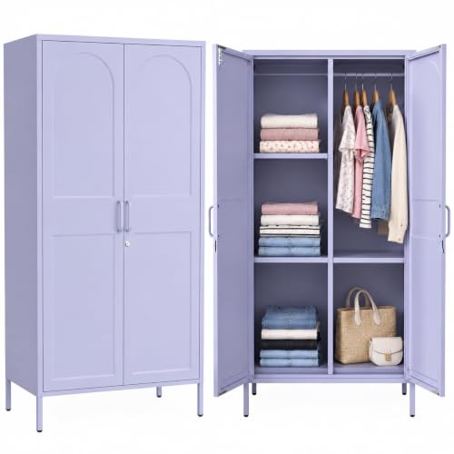 Purple Lockable Armoire Wardrobe Closet Storage Cabinet with Hanging Rod, 67" Metal Wardrobe Cabinet with 2 Doors and 3 Adjustable Shelves for Bedroom, Laundry Room, Cloak Room, Gym, Office - color: Lilac, style: Wardrobe-67"H-YX