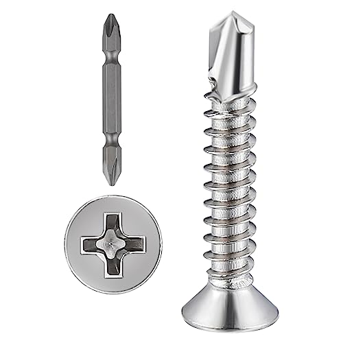 Wensilon（300pcs）#8×1”for Sheet Metal Self-Tapping Screws 410 Stainless Steel Flat Head High-Strength Quick self-Drilling Screws - color: Silver, size: #8X1"