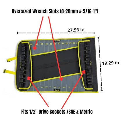4-in-1 Wrench and Socket Tool Roll Bag – 52-Pocket Heavy Duty Organizer for SAE & Metric Sets (1/2" Dr. Sockets) – Mobile Mechanic and Fleet Maintenance Tool Wrap Pouch (Industrial Yellow) - color: Yellow