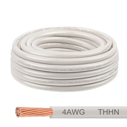 THHN Wire 4 Gauge 25 FT, 4 AWG Stranded OFC Copper Electrical Building Wire with Nylon Jacket PVC Insulation, Rated 600V for Residential, Industrial, CNC, Ground (4 Gauge, White) - color: White, size: 4 AWG 25FT