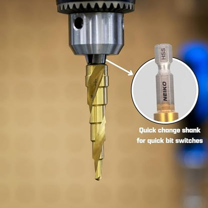 NEIKO 10605A Step Drill Bit, 6 Steps 3/16" to 1/2" Spiral High Speed Steel, Titanium Nitride Coated, 1/4" Quick Change Step Bits for Steel, Metal, Wood, Plastic, Unibit Cone Drill Bits, Two Flute - size: #2 (3/16 - 1/2", 6S), style: Spiral