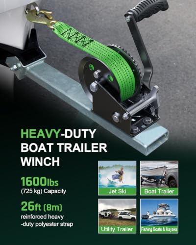 Kolvoii 1600 lb Boat Trailer Winch, 26 ft Strap, 4.1:1, Green - size: 1600 lb - Green Strap